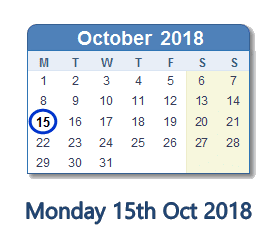 15 October 2018 calendar