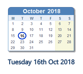 16 October 2018 calendar