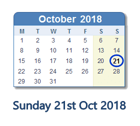 21 October 2018 calendar
