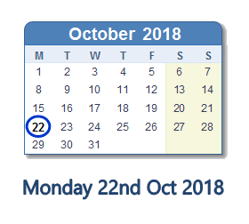 22 October 2018 calendar