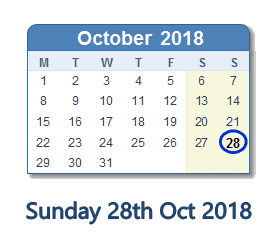 28 October 2018 calendar