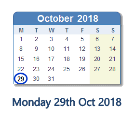 29 October 2018 calendar