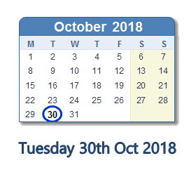 30 October 2018 calendar
