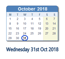 31 October 2018 calendar