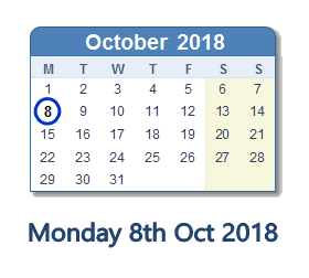 8 October 2018 calendar