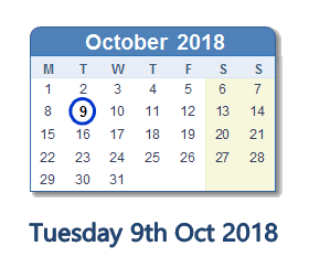 9 October 2018 calendar