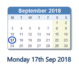 17 September 2018 calendar