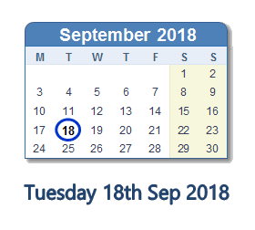 18 September 2018 calendar