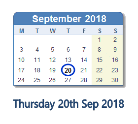 20 September 2018 calendar
