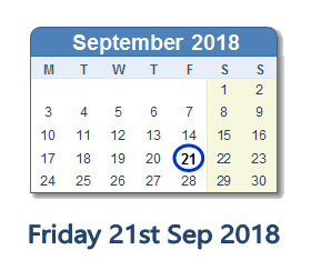 21 September 2018 calendar
