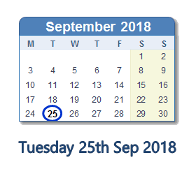 25 September 2018 calendar