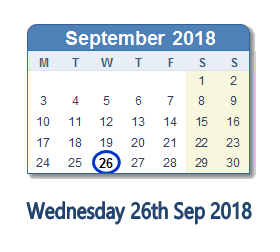 26 September 2018 calendar