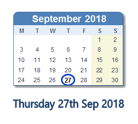 27 September 2018 calendar