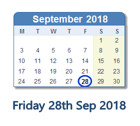 28 September 2018 calendar