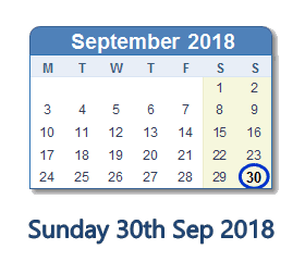 30 September 2018 calendar