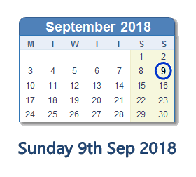 9 September 2018 calendar
