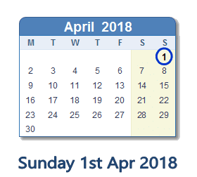 April 1, 2018 calendar