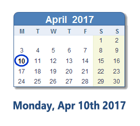 April 10, 2017 calendar
