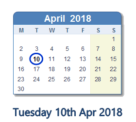 April 10, 2018 calendar