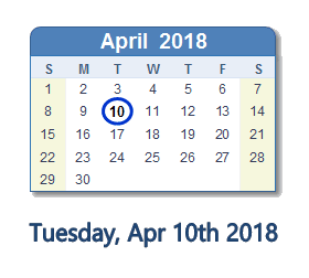 April 10, 2018 calendar