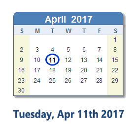April 11, 2017 calendar