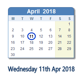 April 11, 2018 calendar