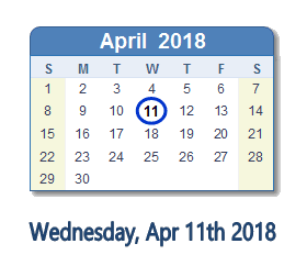 April 11, 2018 calendar