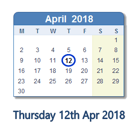 April 12, 2018 calendar