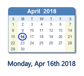 April 16, 2018 calendar