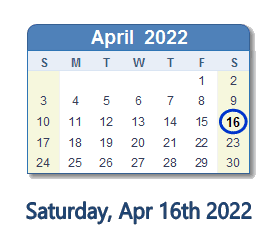 April 16, 2022 Calendar with Holidays & Count Down - USA