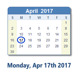 April 17, 2017 calendar