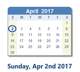 April 2, 2017 calendar