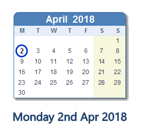 April 2, 2018 calendar