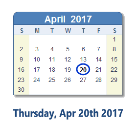 April 20, 2017 calendar