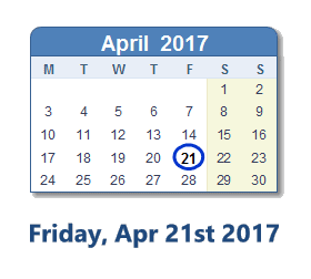 April 21, 2017 calendar