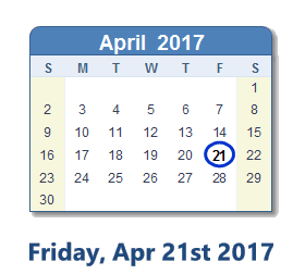 April 21, 2017 calendar