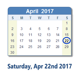 April 22, 2017 calendar