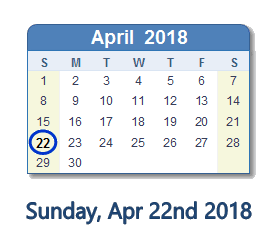 April 22, 2018 calendar