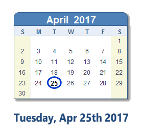 April 25, 2017 calendar
