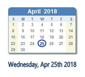 April 25, 2018 calendar