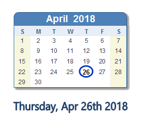 April 26, 2018 calendar