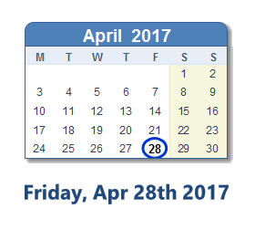 April 28, 2017 calendar