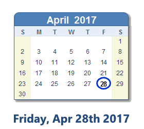 April 28, 2017 calendar