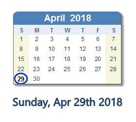 April 29, 2018 calendar