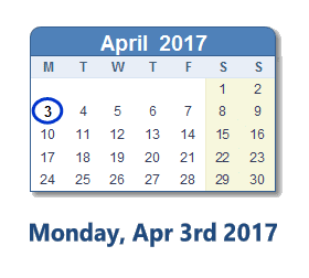 April 3, 2017 calendar