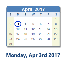 April 3, 2017 calendar