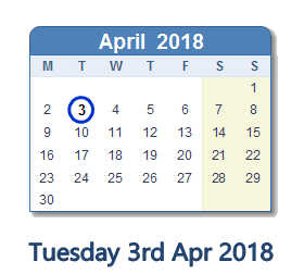 April 3, 2018 calendar
