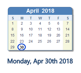 April 30, 2018 calendar