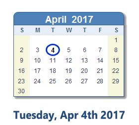 April 4, 2017 calendar