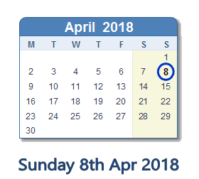 April 8, 2018 calendar